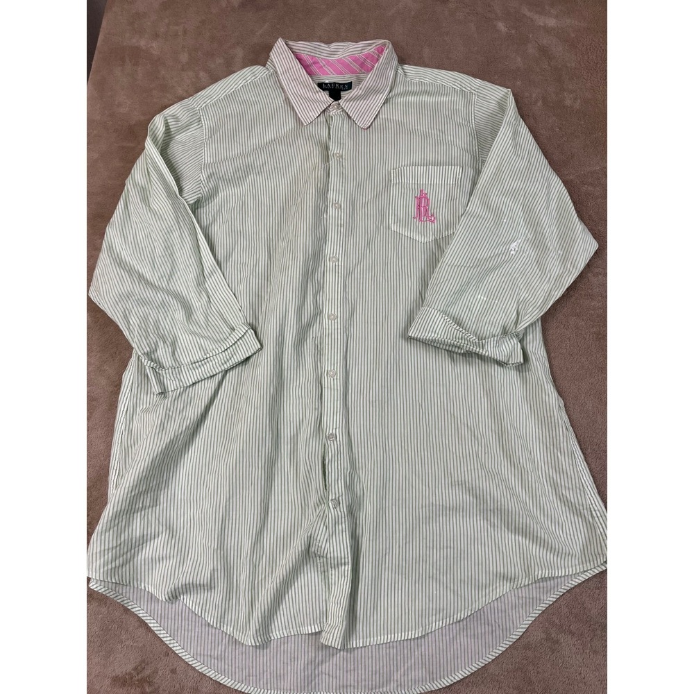 Lauren Ralph Lauren Woven Sleep Shirt Women's XL Green Cotton 3/4 Sleeve GOOD